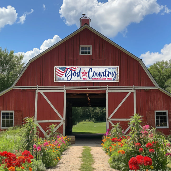 barn Sign flag art decor on a red barn with flowers that says God and Country with family name.