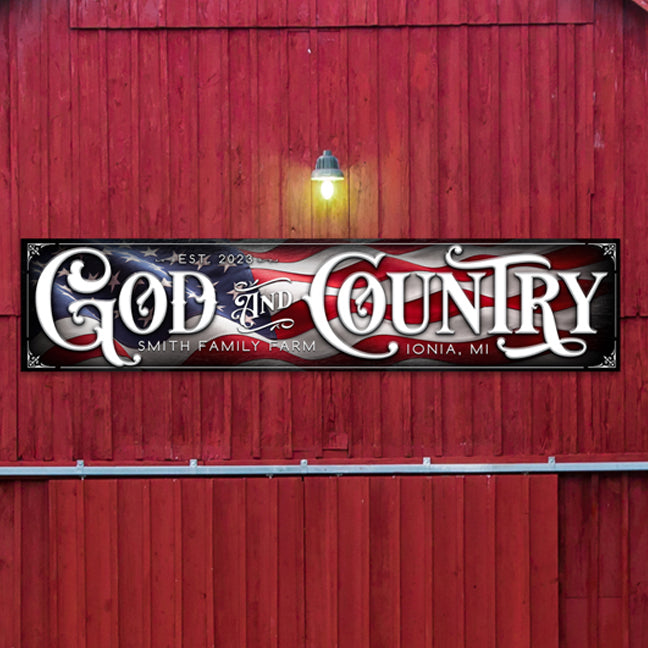 barn sign patriotic with american flag in background that says God and Country