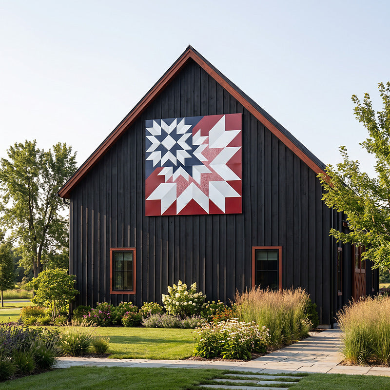 Barn wall art in a patriotic star pattern mounted high on a black board and batten barn