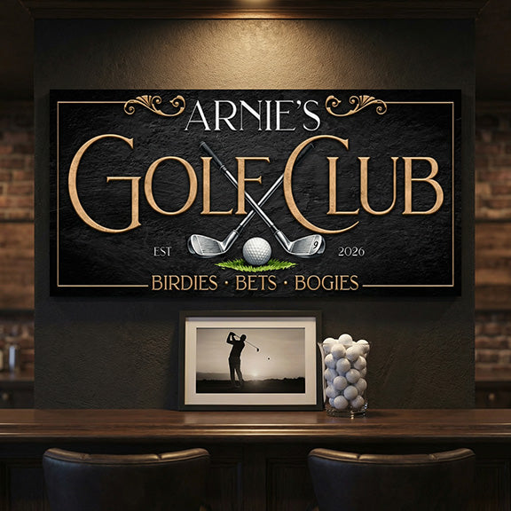 basement bar golf decor sign for 'Arnie's Golf Club' with golf-themed decor on a wall.