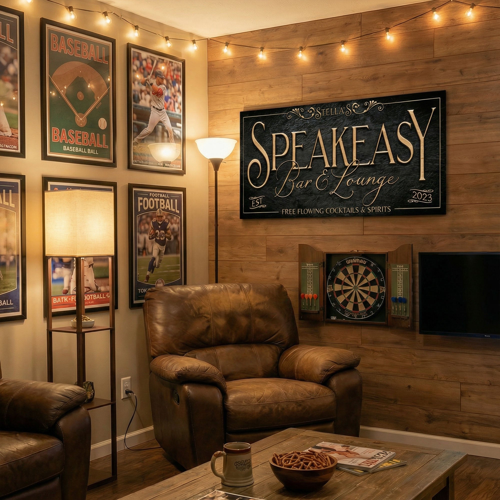 basement bar sign speakeasy sign mounted on wooden wall near a leather chair.