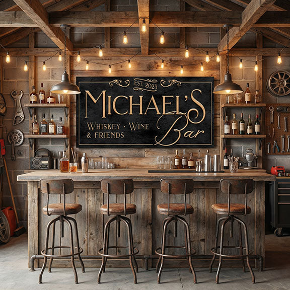 Wooden bar with 'Michael's Whiskey, Wine & Friends' sign and bar stools in a basement man cave