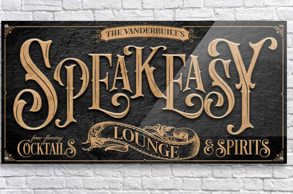 basement bar speakeasy sign on black stone