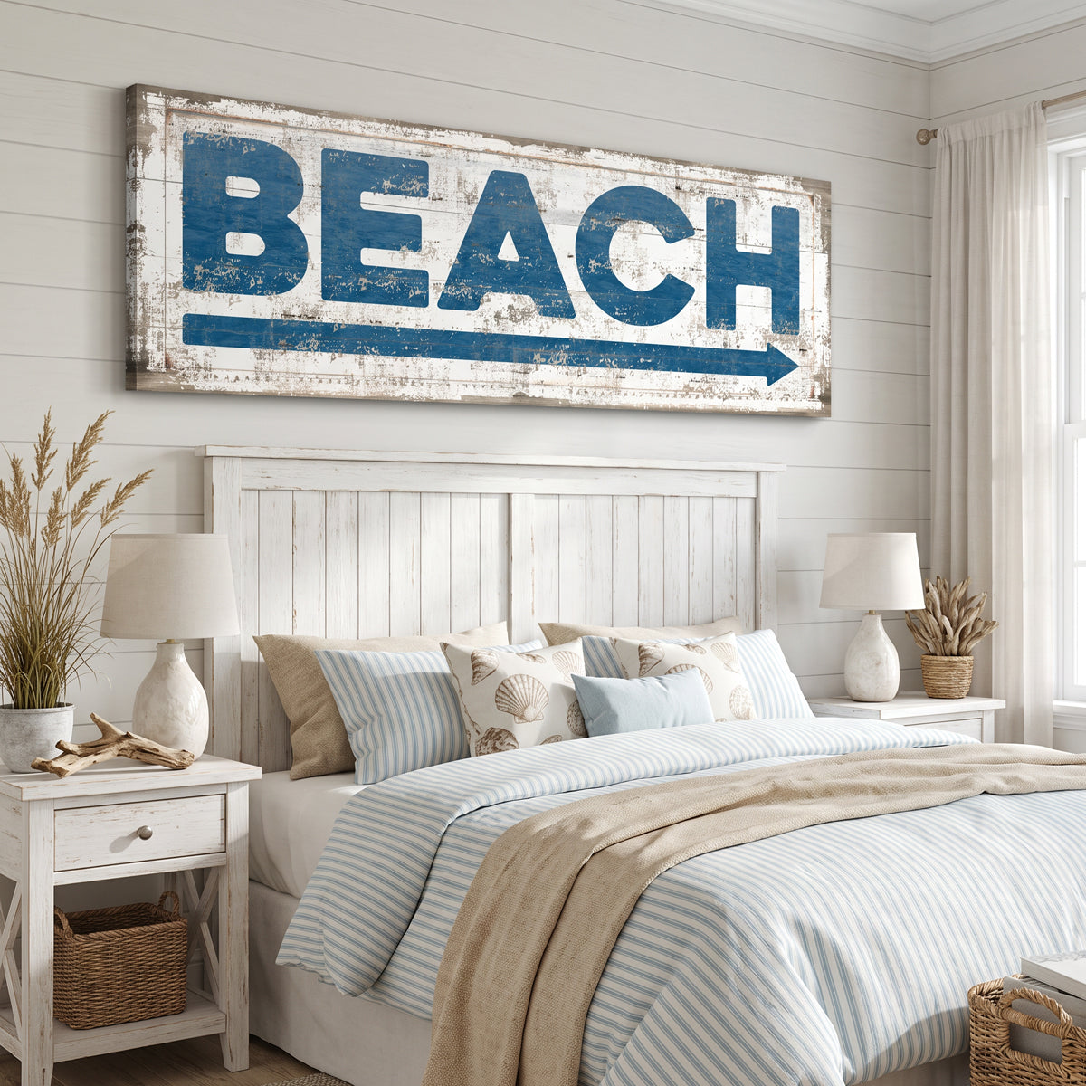 Beach bedroom decor featuring blue distressed Beach arrow sign on the wall