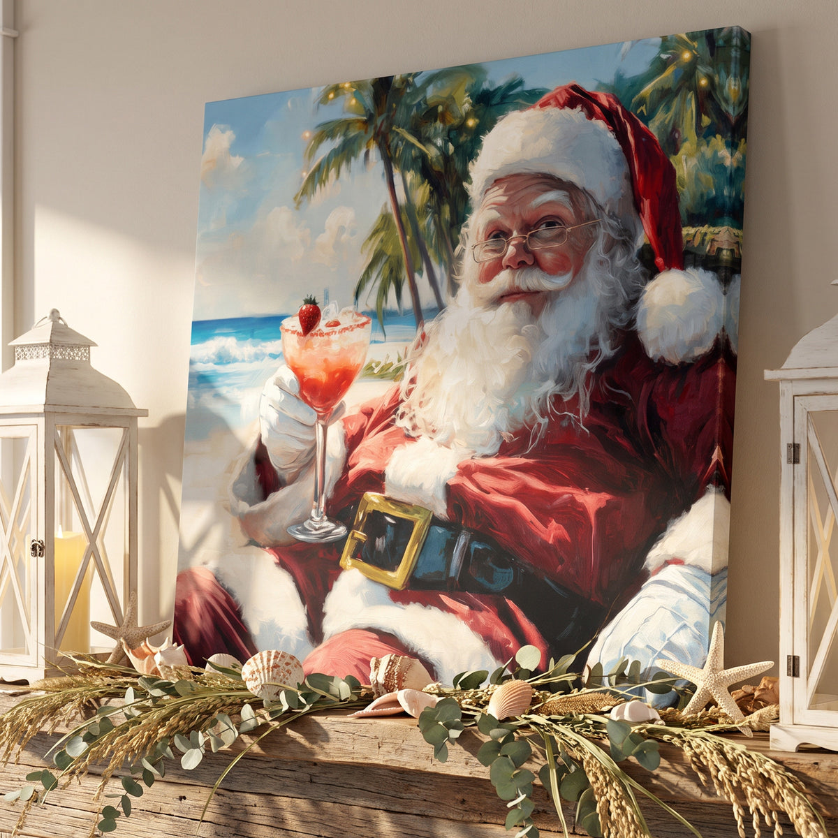 Beach Christmas canvas of Santa holding a frozen cocktail, on a wood mantel with white lanterns and eucalyptus