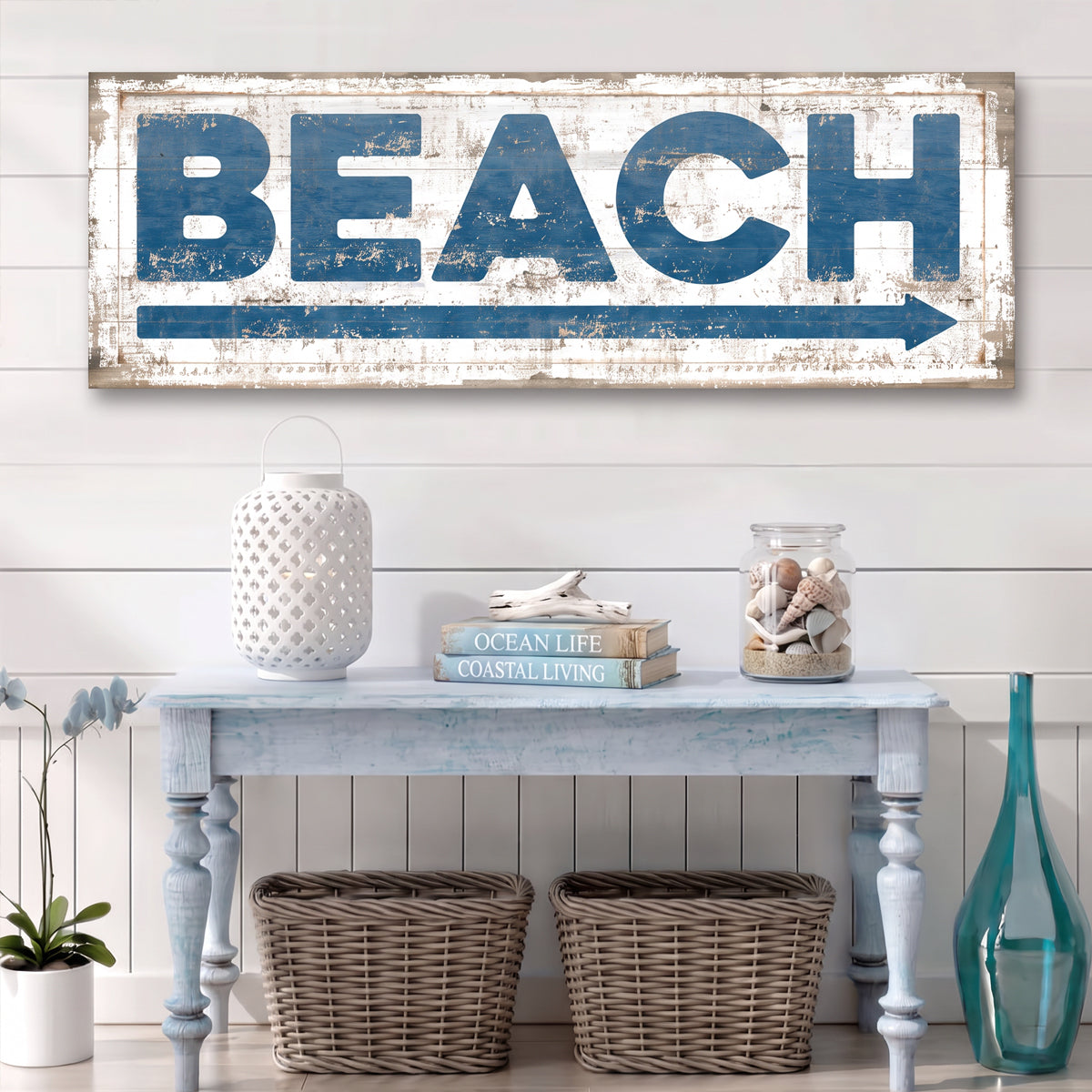 Blue Beach House Sign with left-pointing arrow — nautical coastal wall decor