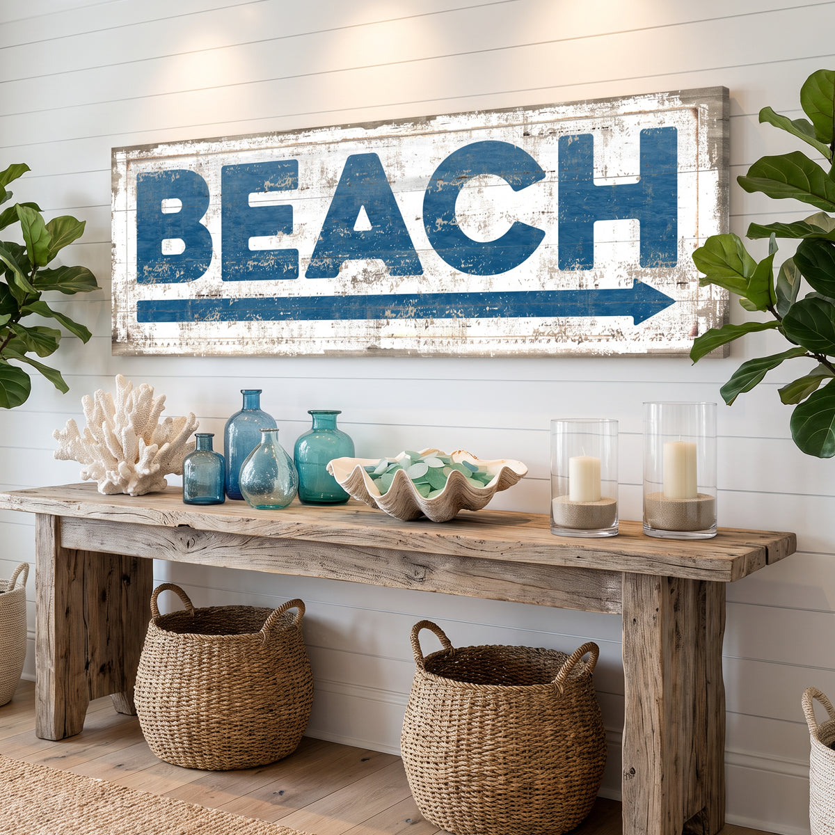 Blue Beach House Arrow Sign for coastal home decor — distressed navy and white nautical wall art