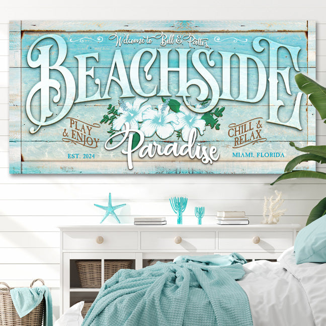beach house decor sign that says (family name) Beachside Paradise, play and enjoy, wood signs
