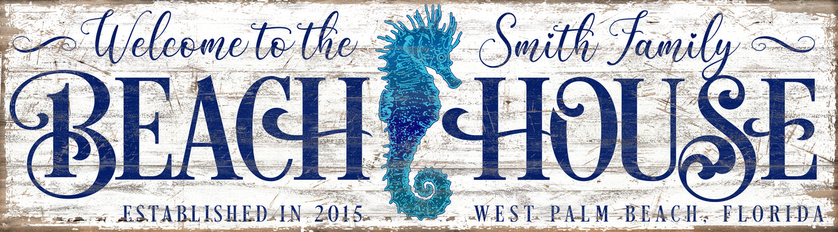 coastal wall decor beach house sign with seahorse and the message welcoem to with personalization