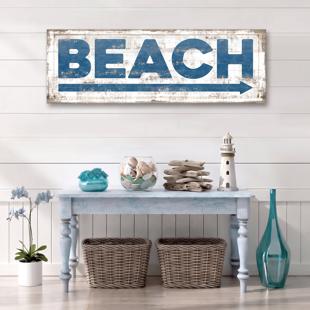 Distressed blue and white Beach House Arrow Sign — coastal nautical wall art for beach house decor
