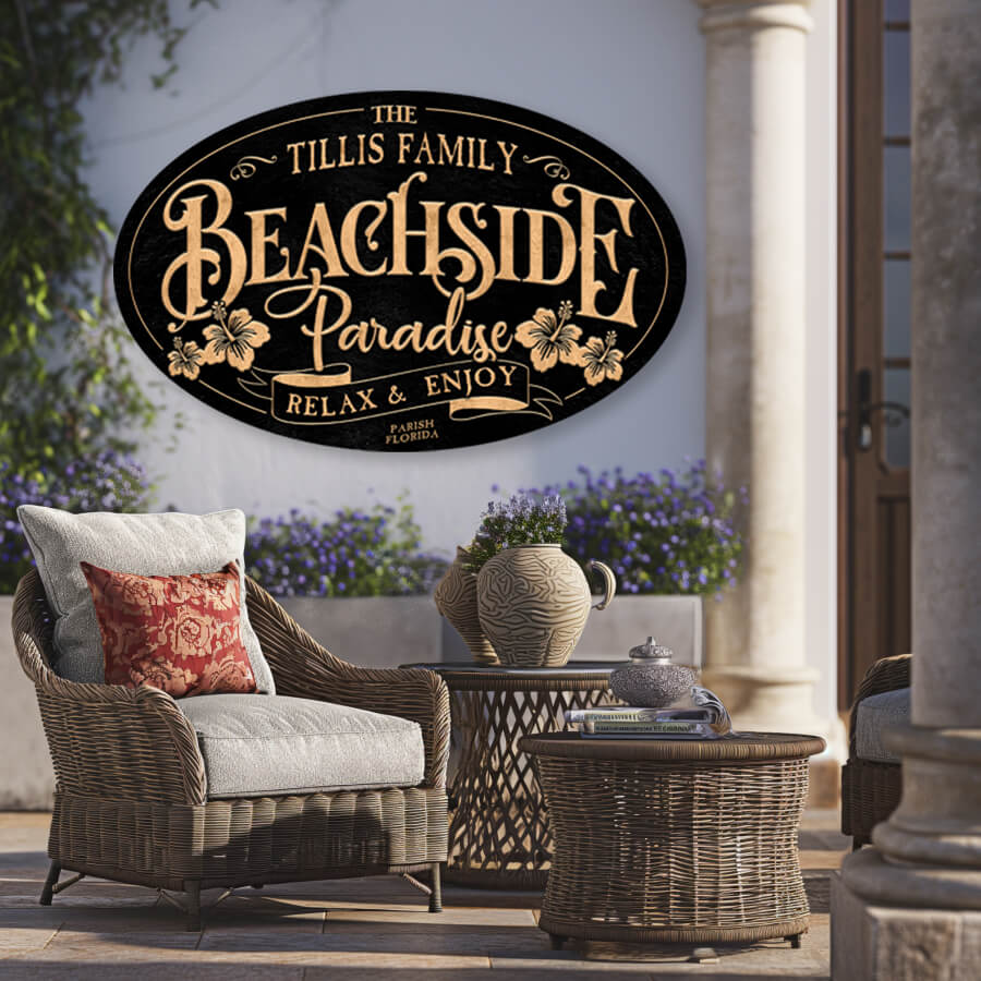 beach house sign coastal decor of a oval textured sign with the words: Family name Beachside Paradise Relax and Enjoy