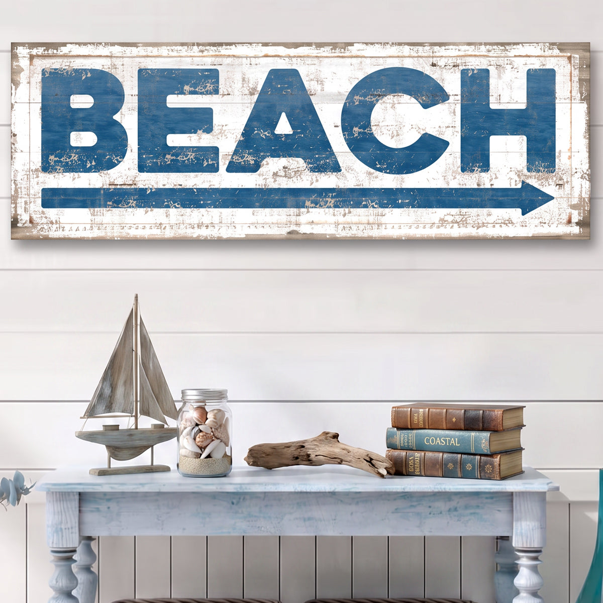 Blue Beach House Signs in navy — distressed arrow sign for coastal wall decor
