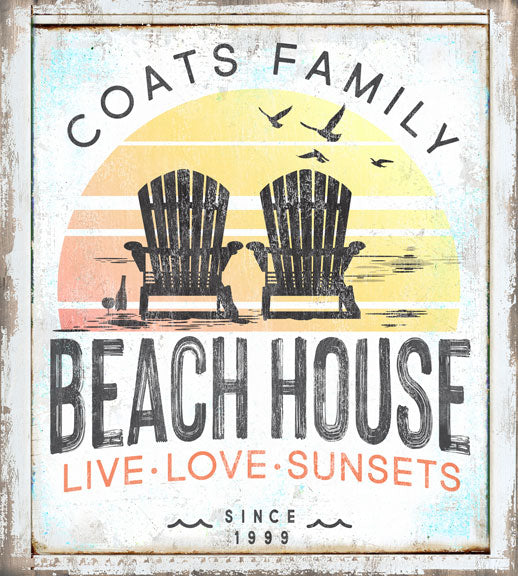beach house Sign of a sunset with chairs and birds flying in the sunset with family name and est. date.