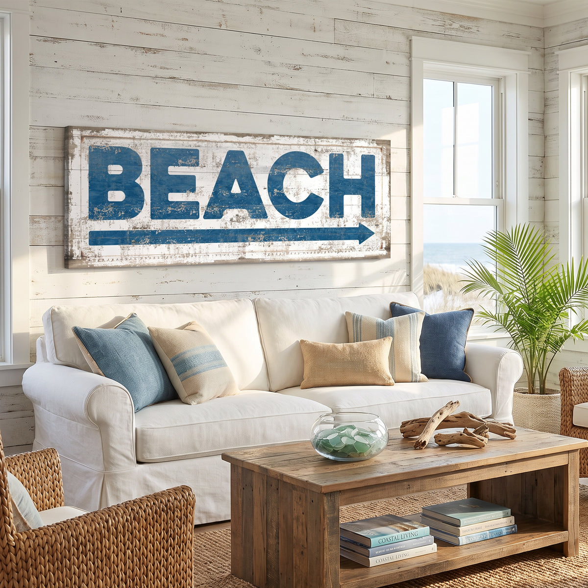 Navy blue Beach House Arrow Sign — coastal wall art for beach house decor