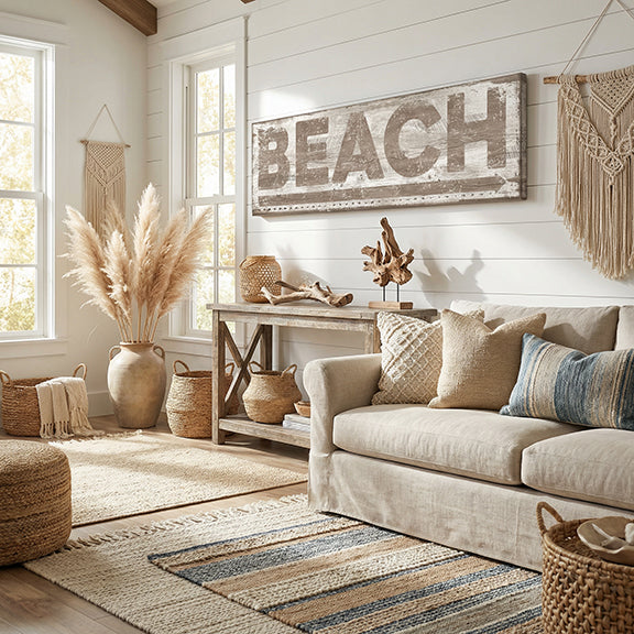 Cozy living room with 'BEACH' sign, neutral decor, and natural textures.