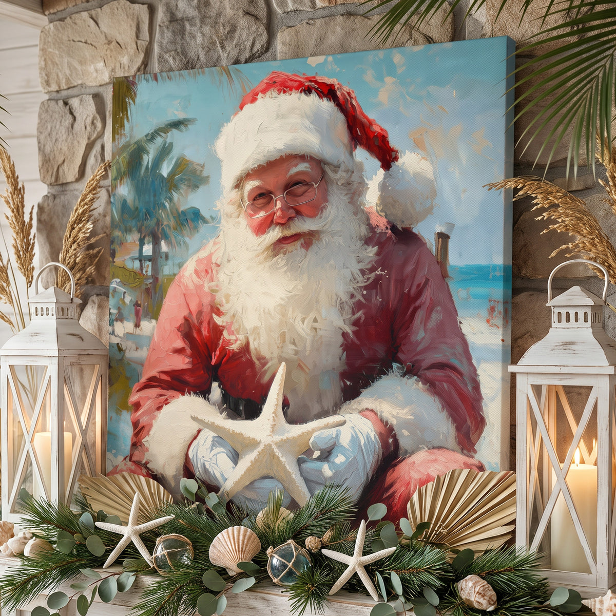 Beach Santa canvas of Santa holding a starfish, on a stone fireplace mantel with white lanterns, starfish and shells