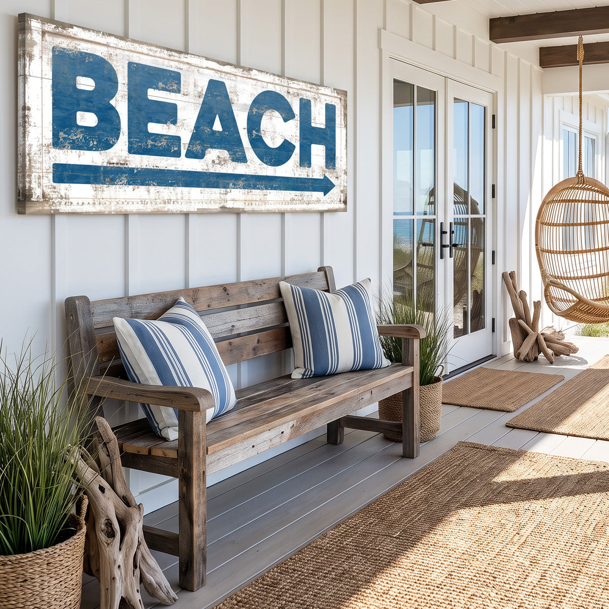 Blue Beach arrow sign mounted as coastal wall decor — navy distressed beach house sign