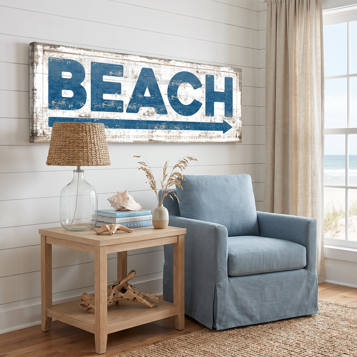 Blue Beach arrow sign as beach house wall decor — coastal nautical sign for living room