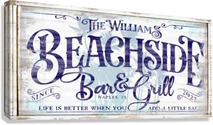 coastal wall decor beach house sign that says beachside bar and grill on distressed wood.
