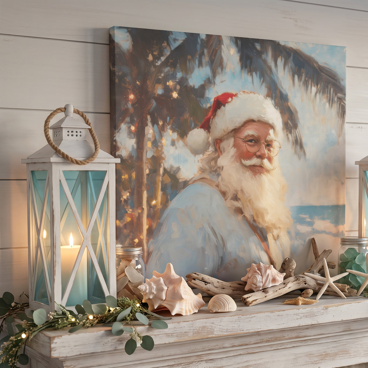 Beachy Christmas decor canvas of Santa among lit palms, on a whitewashed mantel with shells and driftwood