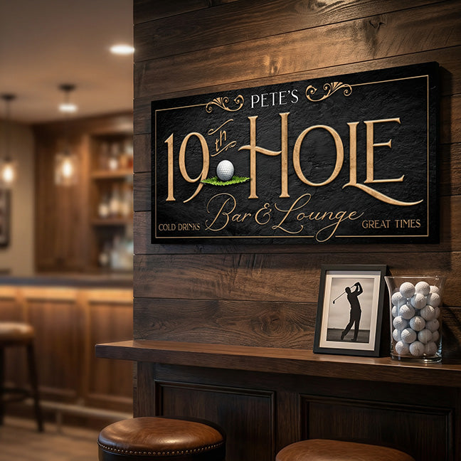 best golf gifts of a canvas sign on a wooden wall in a modern basement