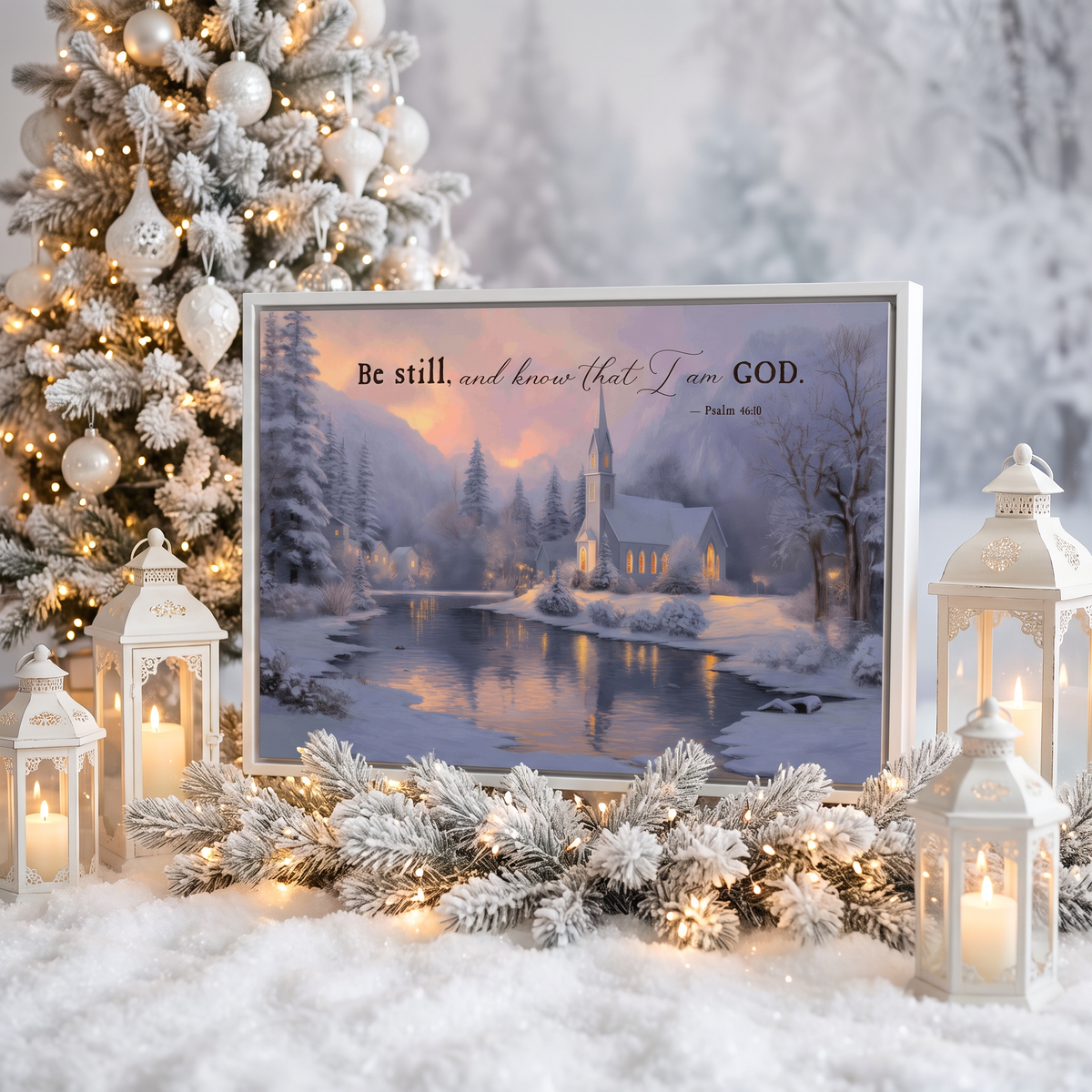 Psalm 46:10 bible verse art in a white frame among white lanterns, candles and flocked branches
