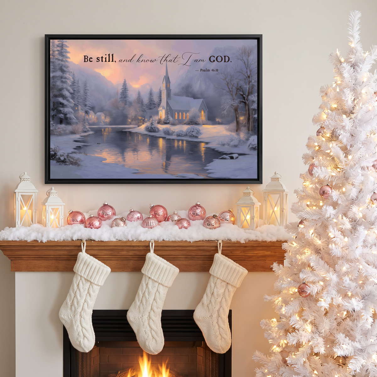 Be still and know bible verse wall art above a wood mantel with cream stockings and a lit fire