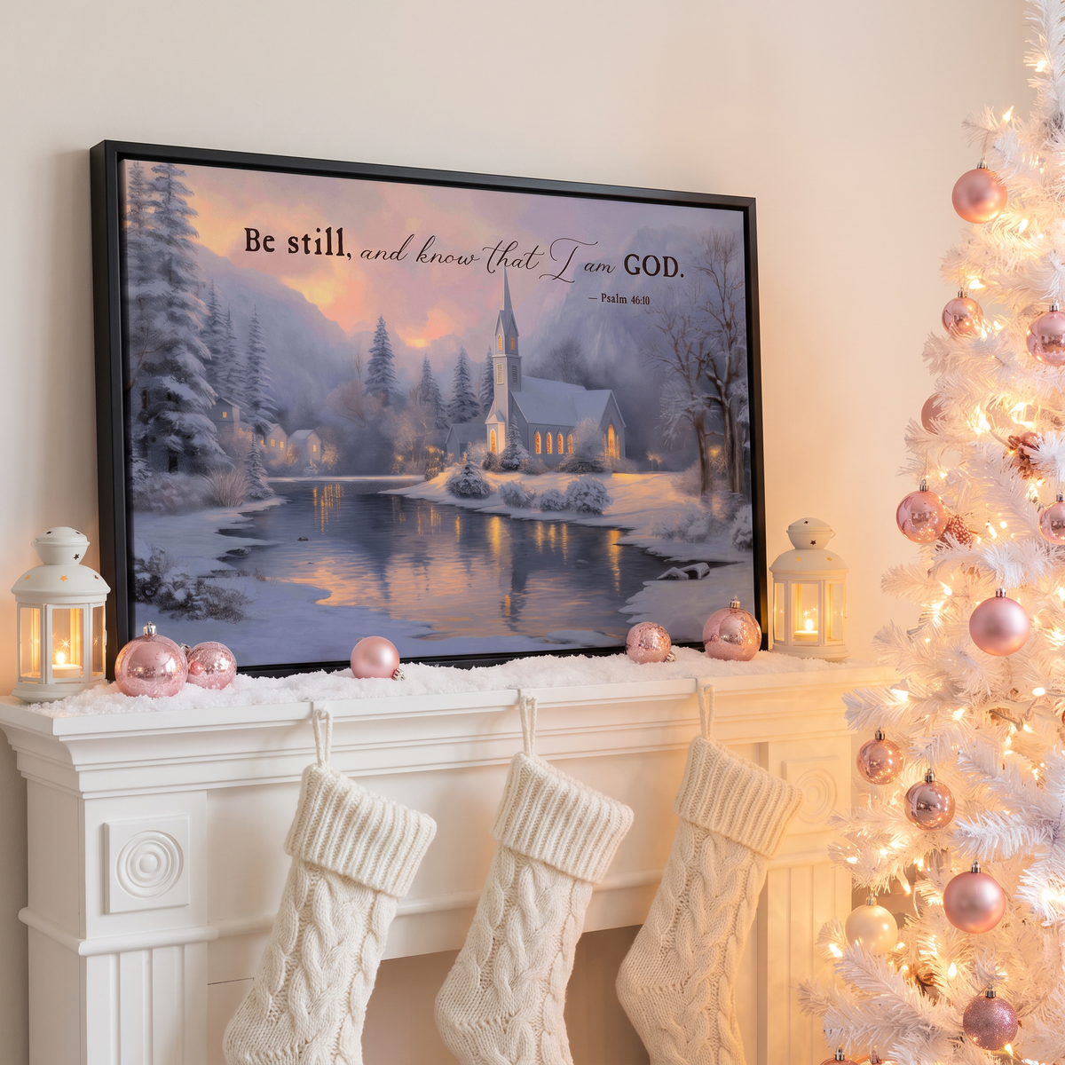 Biblical wall art with Psalm 46:10 above a white fireplace with blush ornaments and stockings