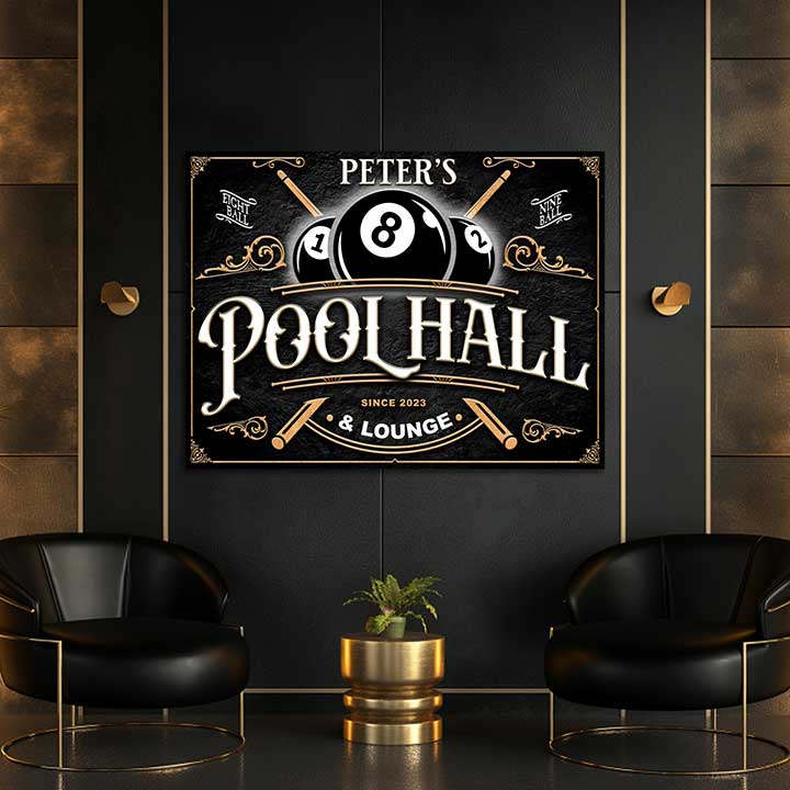 billiards wall decor sign in black, white and gold