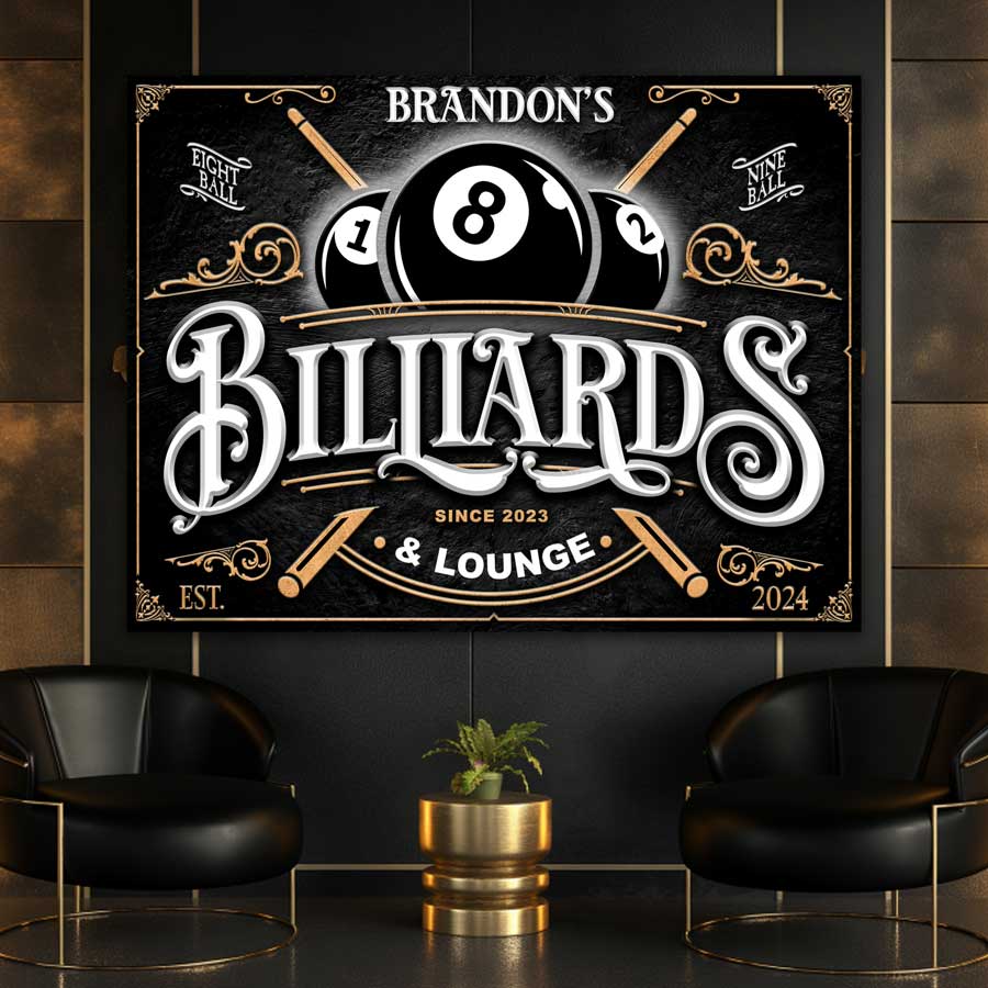 Billiards Sign on black textured background with 8 ball and the word Billiards and lounge