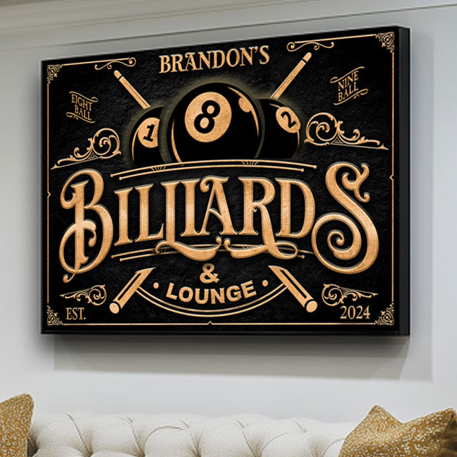 Billiards Room decor large sign with gold features on black textured background with personalized name.