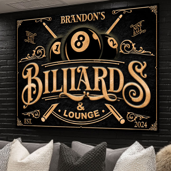 Billiards Sign with gold features and black textured background with name personalized.