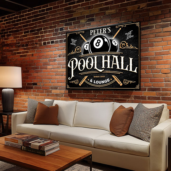 billiards room sign decor in  basement that is personalized and says Pool Hall