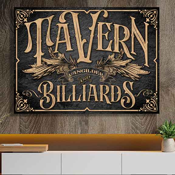 Billiards Sign Bar & Lounge on black Canvas Art Print with the words { Tavern and Billiards} with family name. Perfect Bar sign