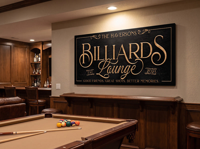 Billiards wall art with a deep wrapped edge on a cream wall above a tan felt pool table, beside a wood home bar with leather stools