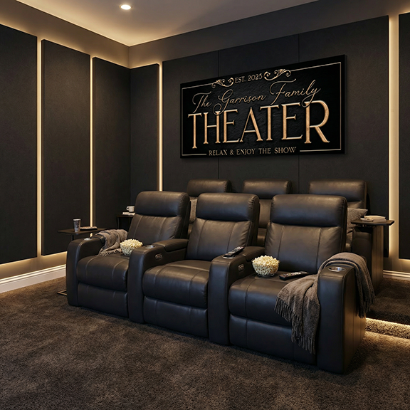 Luxury home theater with black leather recliner seats and personalized 'The Garrison Family Theater' sign.