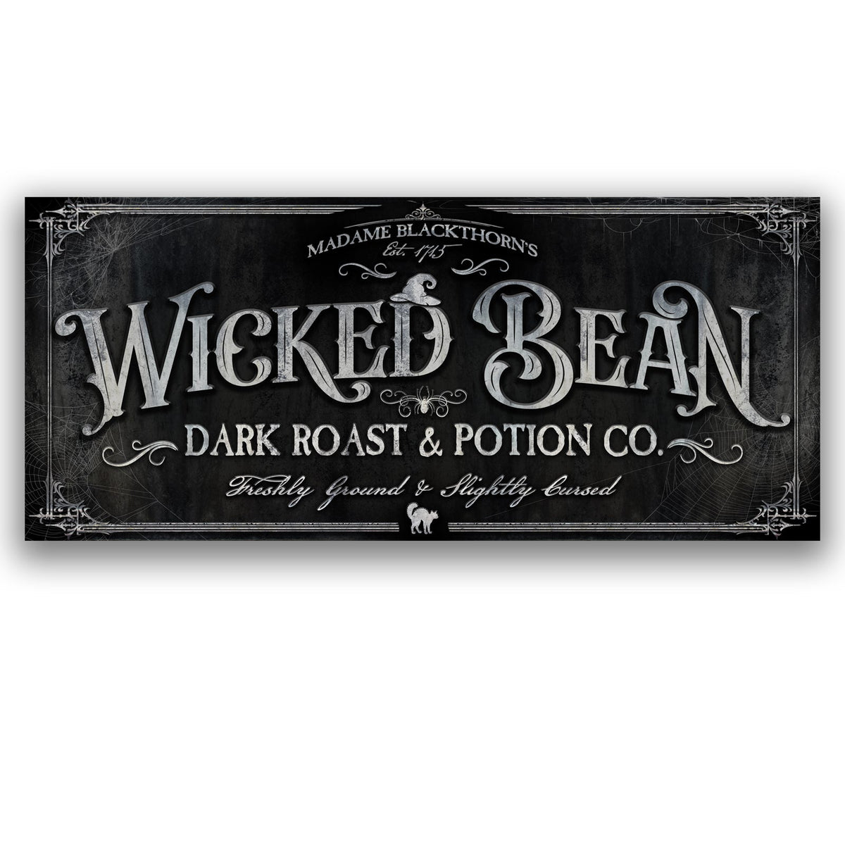 Halloween coffee sign with a black cat silhouette and cobweb corners on a dark chalkboard face