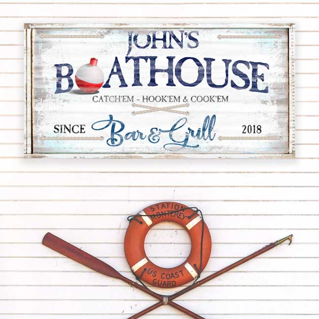 lake house sign - boat house sign - on distressed faux wood background and the words "john's boathouse Bar and grill 