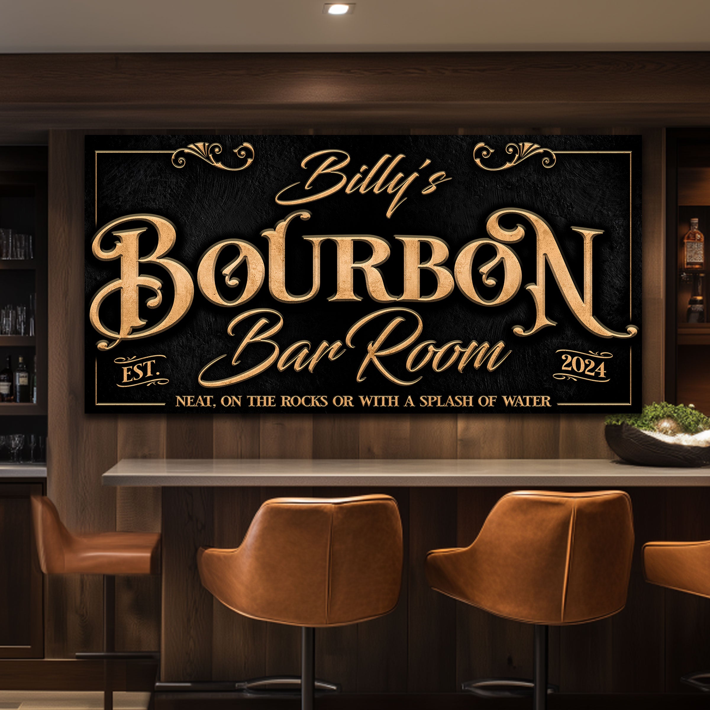 bourbon bar sign in black and gold with words (your name) bourbon Bar Room