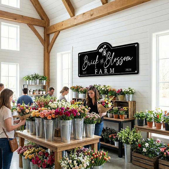 boutique farm sign for a Floral shop with 'Brck & Blossom Farm.