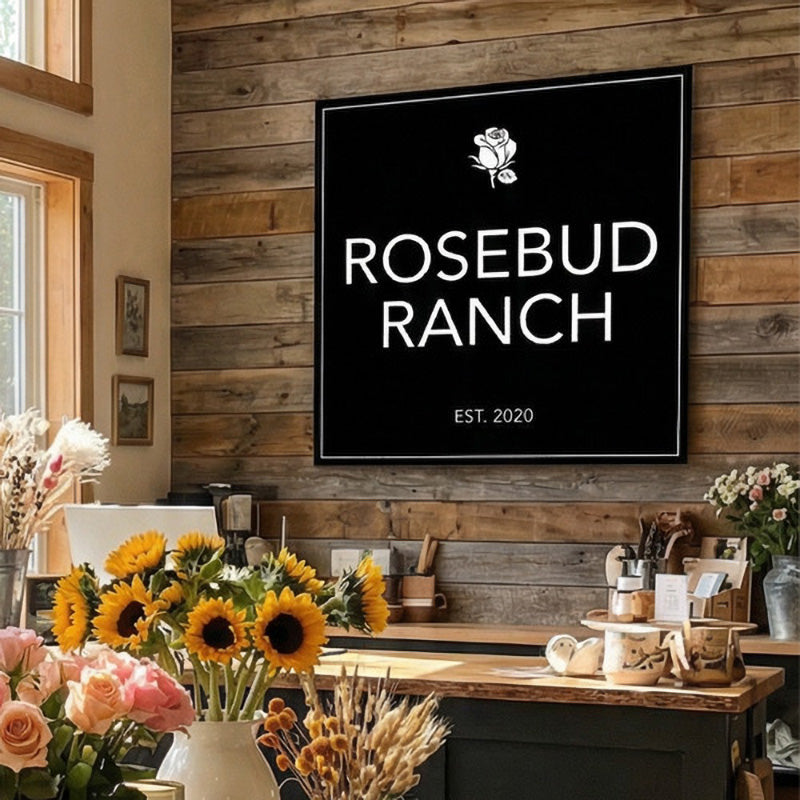 Decorative interior with 'Rosebud Ranch' sign on a wooden wall, surrounded by flowers and decor.