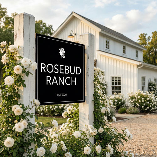 Metal Boutique Sign for Rosebud Ranch  with white flowers and a building in the background