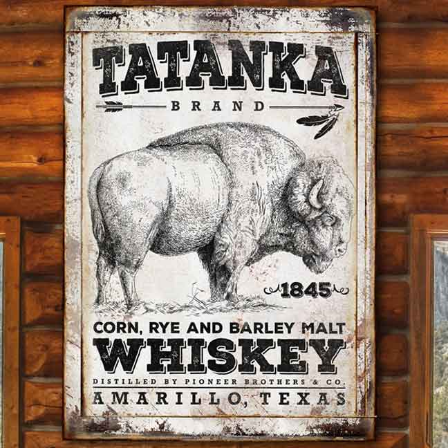 Buffalo Whiskey Bar Sign in old distressed frame with the words [Tatanka brand corn, rye and barley malt whiskey] Distilled by pioneer brothers & co. Amarillo, Texas, with a large buffalo on it. Buffalo Whiskey.