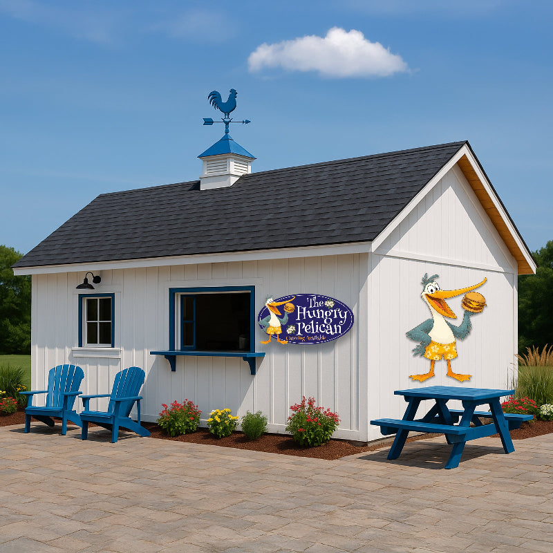 Business sign on white building with cartoon pelican on the side