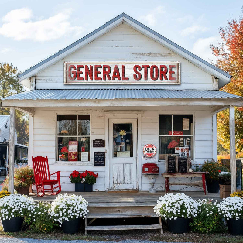 business signs that look vintage with red letters and faux wood background