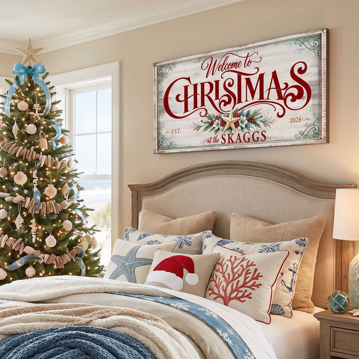 Coastal farmhouse Christmas sign in a bedroom with a tree trimmed in starfish and coral