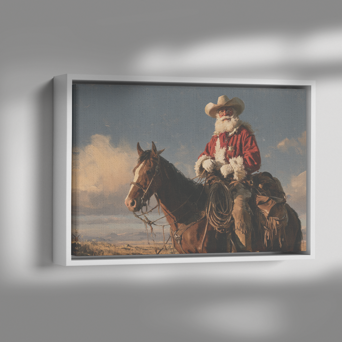 Western Santa sunset ride canvas lit from the side