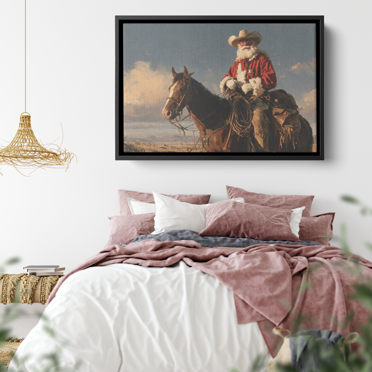 Cowboy Santa horseback canvas hung at a larger size in a styled room