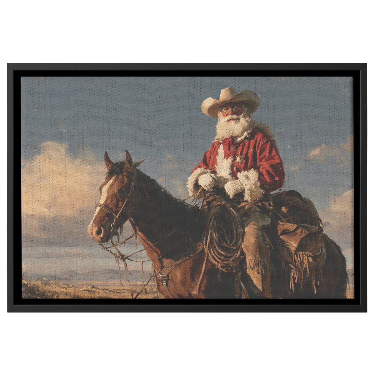 Western Santa art canvas of a cowboy Santa sitting his horse on an open plain at sunset