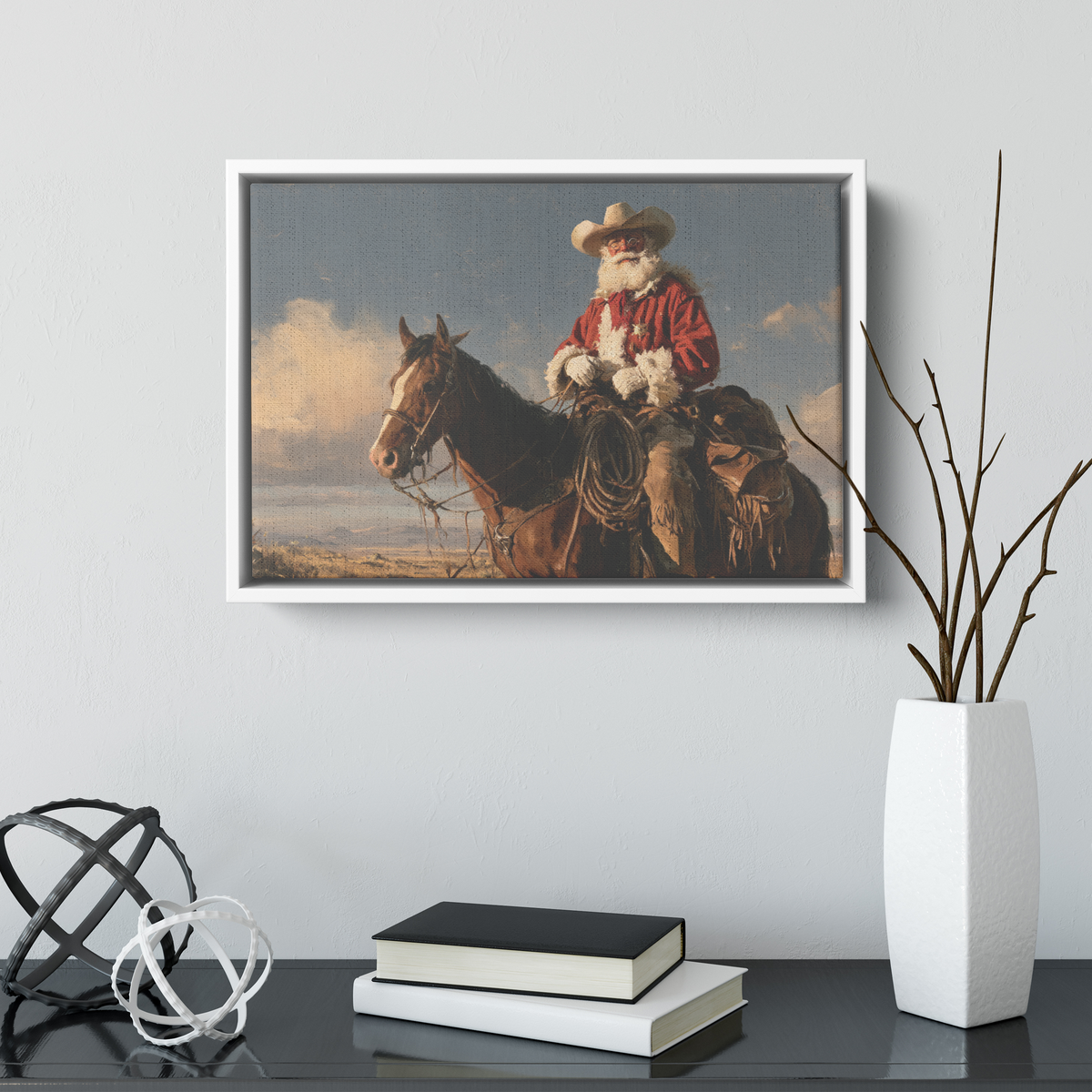Cowboy Santa horseback canvas shown at a smaller size on a wall